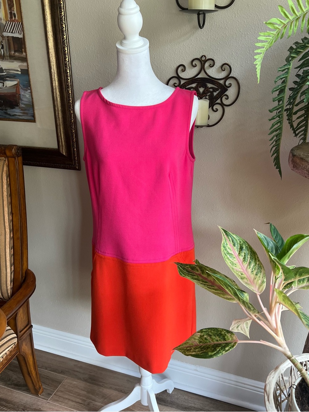 LOFT Pink and Orange Colorblock Sleeveless Shift Dress with pockets.